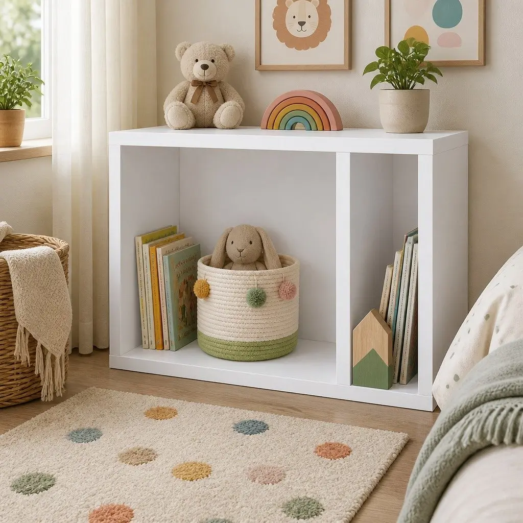 Kids Toy Box Storage Bookcase Shelf Organiser White 98cm L x 30cm W x 61cm H Functions as Seat