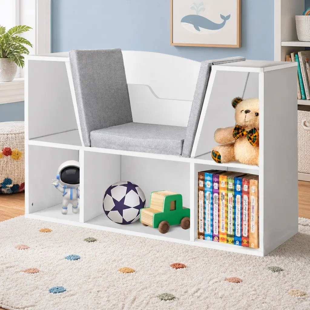 Kids Toy Box Storage Bookcase Shelf Organiser White 98cm L x 30cm W x 61cm H Functions as Seat