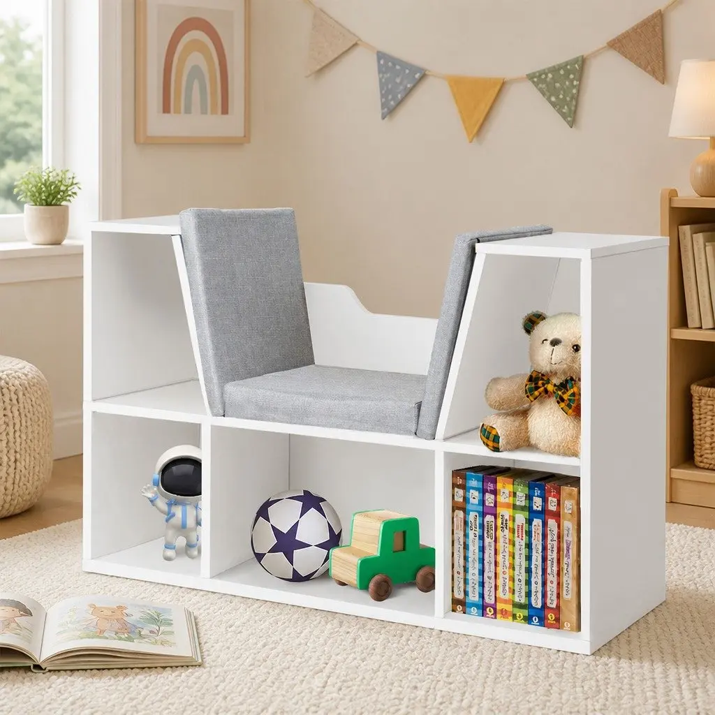 Kids Toy Box Storage Bookcase Shelf Organiser White 98cm L x 30cm W x 61cm H Functions as Seat