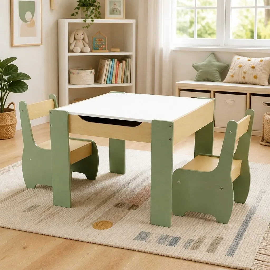 Kids Table and Chairs Set Morandi Green 3-in-1 Multifunction Desk Chalkboard Storage