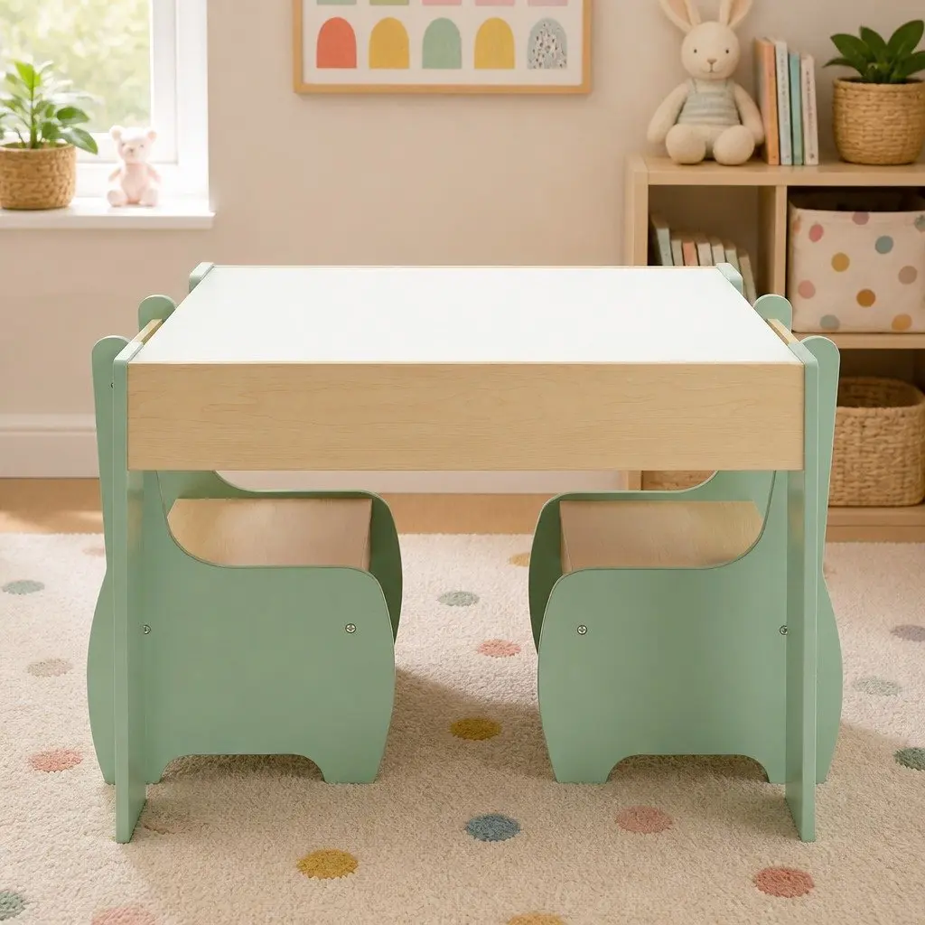 Kids Table and Chairs Set Morandi Green 3-in-1 Multifunction Desk Chalkboard Storage