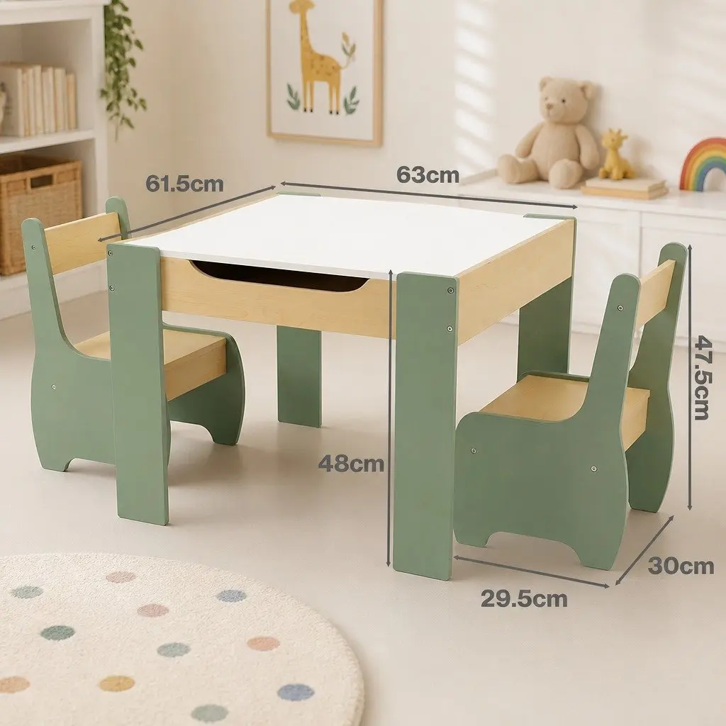 Kids Table and Chairs Set Morandi Green 3-in-1 Multifunction Desk Chalkboard Storage
