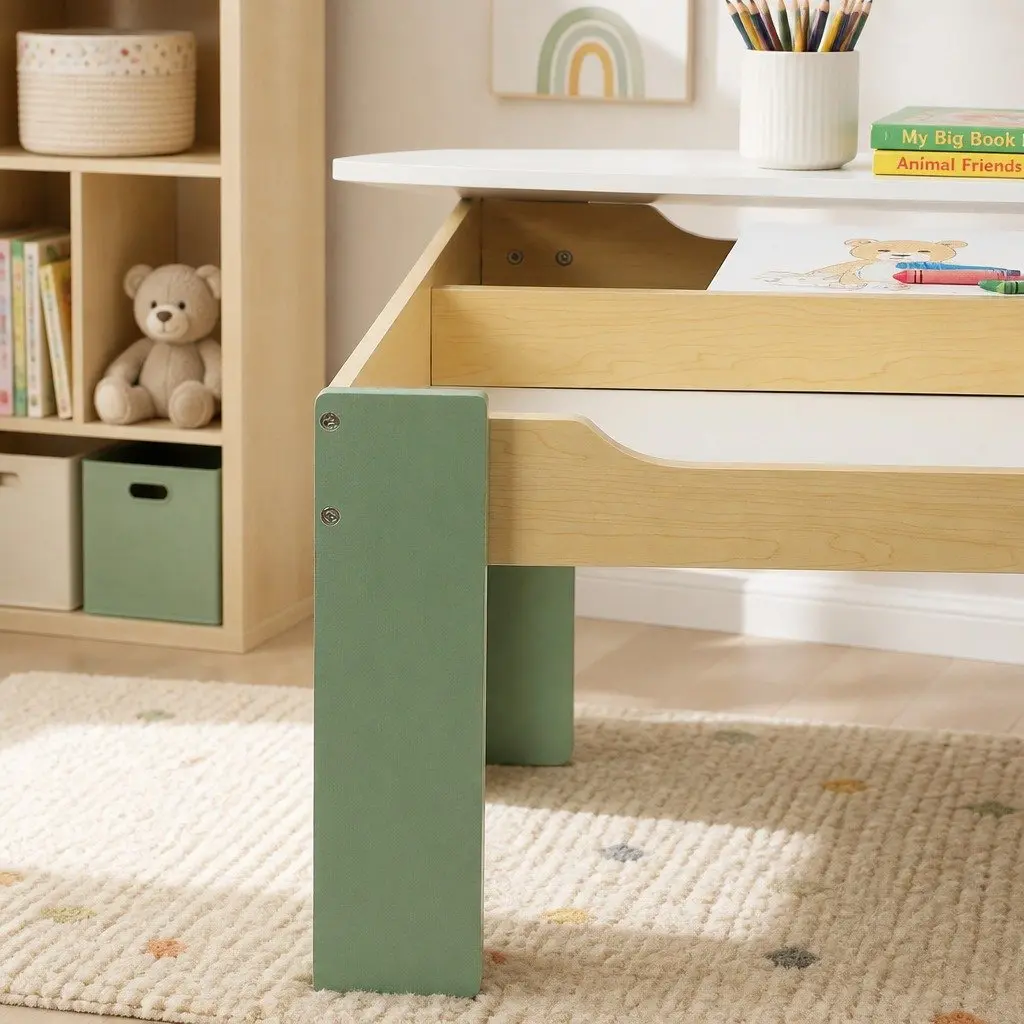 Kids Table and Chairs Set Morandi Green 3-in-1 Multifunction Desk Chalkboard Storage