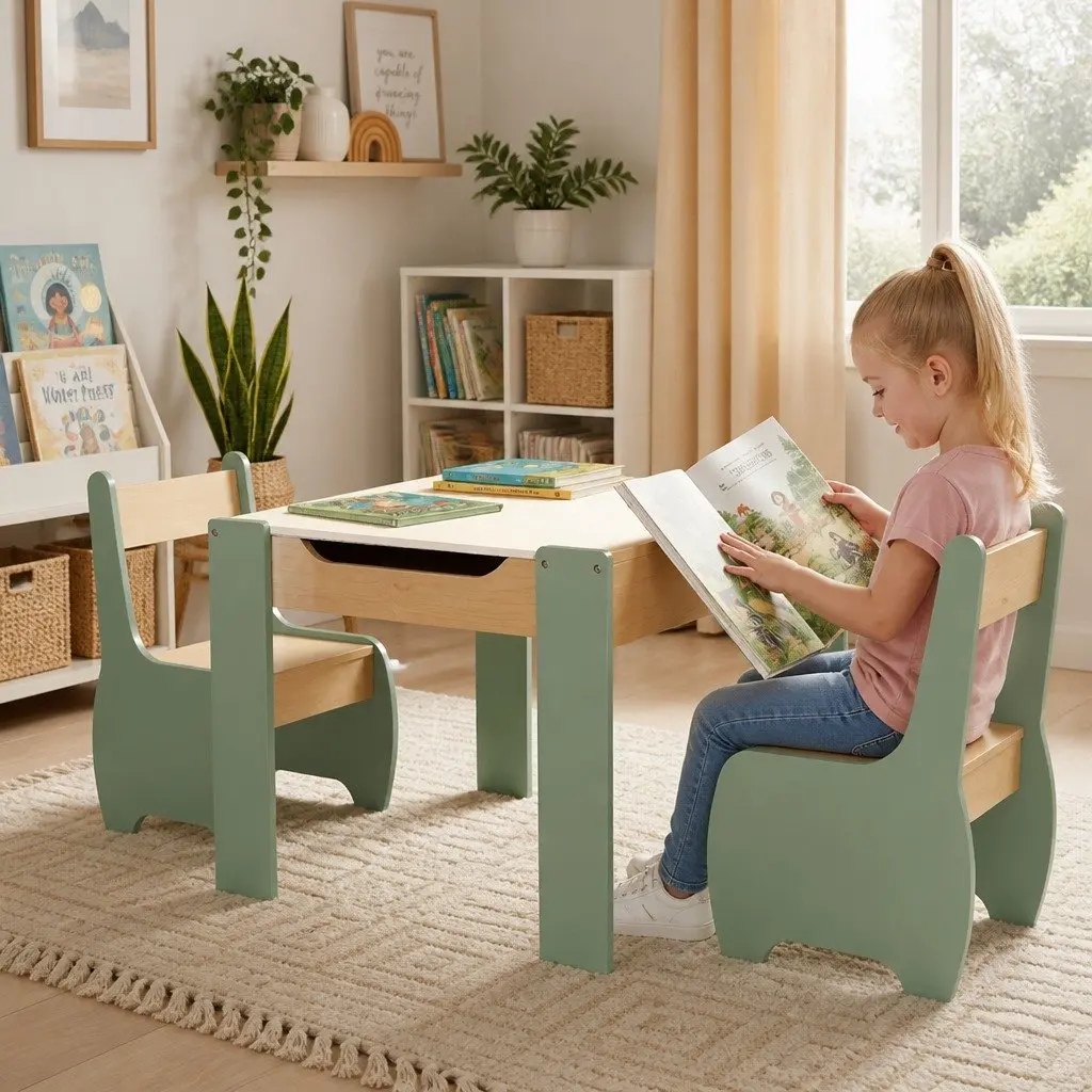 Kids Table and Chairs Set Morandi Green 3-in-1 Multifunction Desk Chalkboard Storage