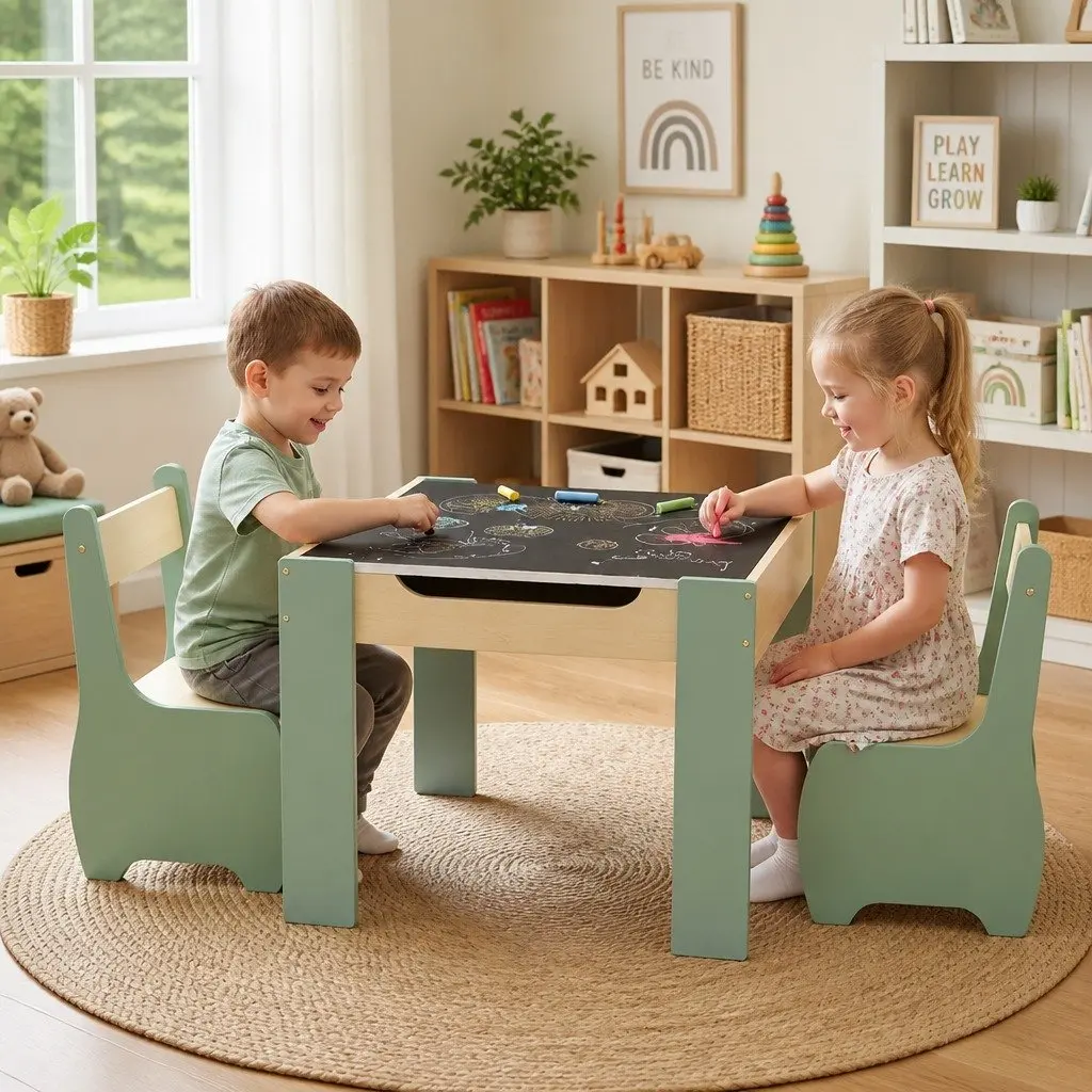 Kids Table and Chairs Set Morandi Green 3-in-1 Multifunction Desk Chalkboard Storage