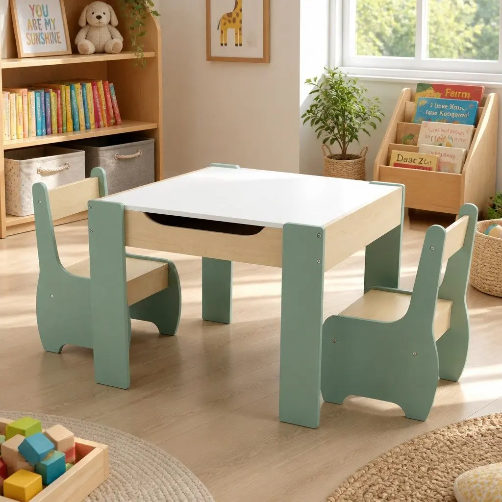 Kids Table and Chairs Set Morandi Green 3-in-1 Multifunction Desk Chalkboard Storage