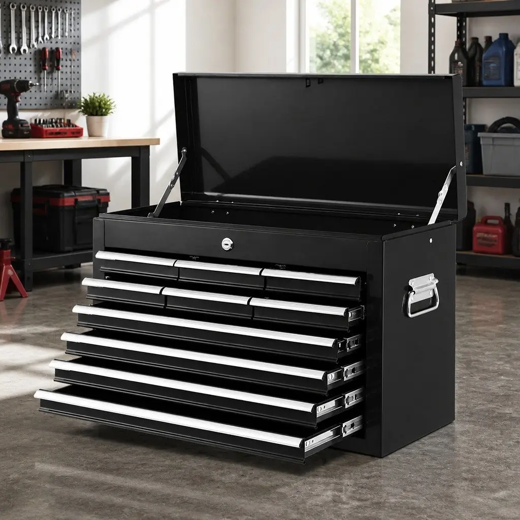 Tool Cabinet Black Steel 10 Drawer Lockable Storage Organiser with Ball-bearing Slides