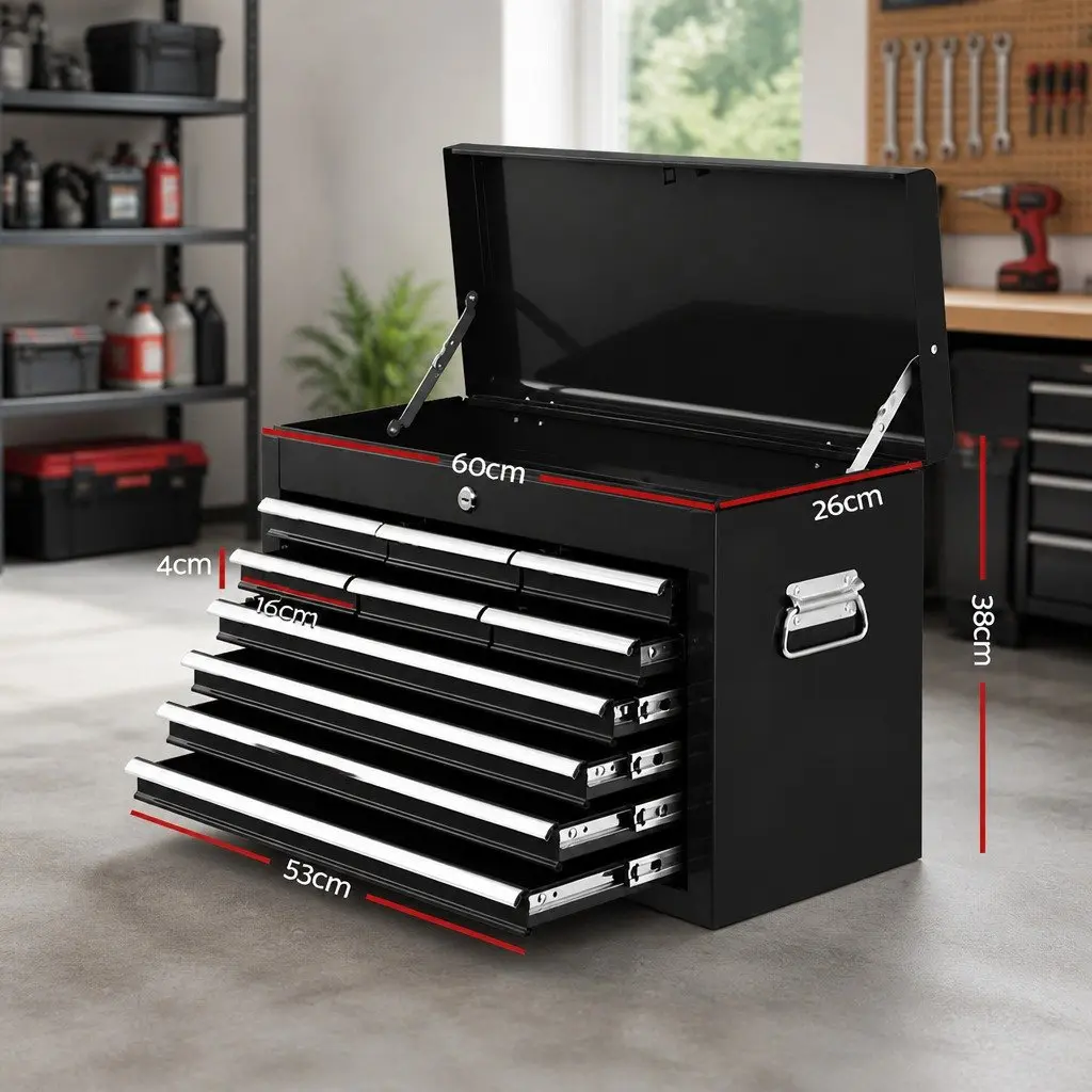Tool Cabinet Black Steel 10 Drawer Lockable Storage Organiser with Ball-bearing Slides