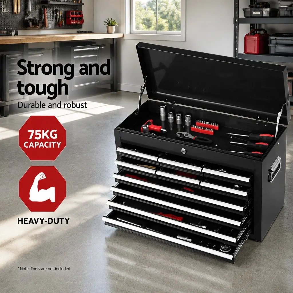 Tool Cabinet Black Steel 10 Drawer Lockable Storage Organiser with Ball-bearing Slides