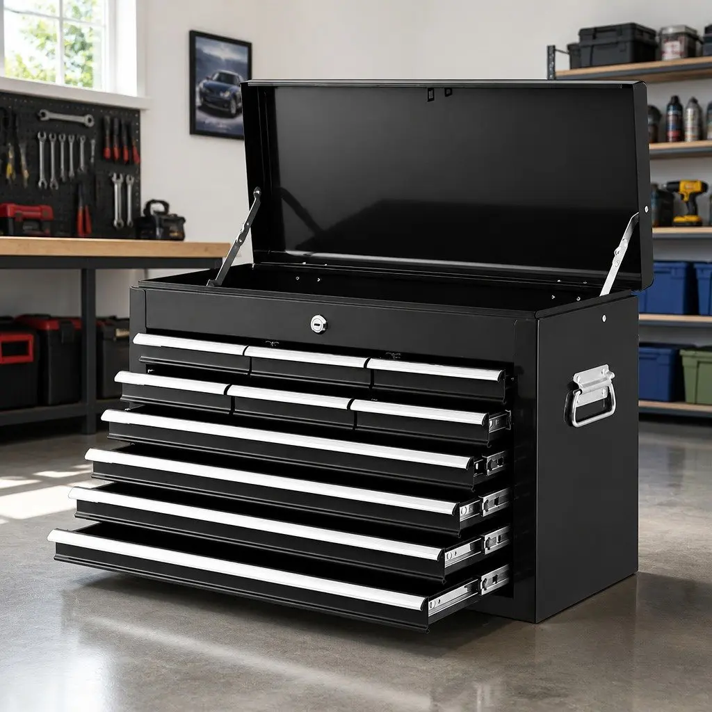 Tool Cabinet Black Steel 10 Drawer Lockable Storage Organiser with Ball-bearing Slides