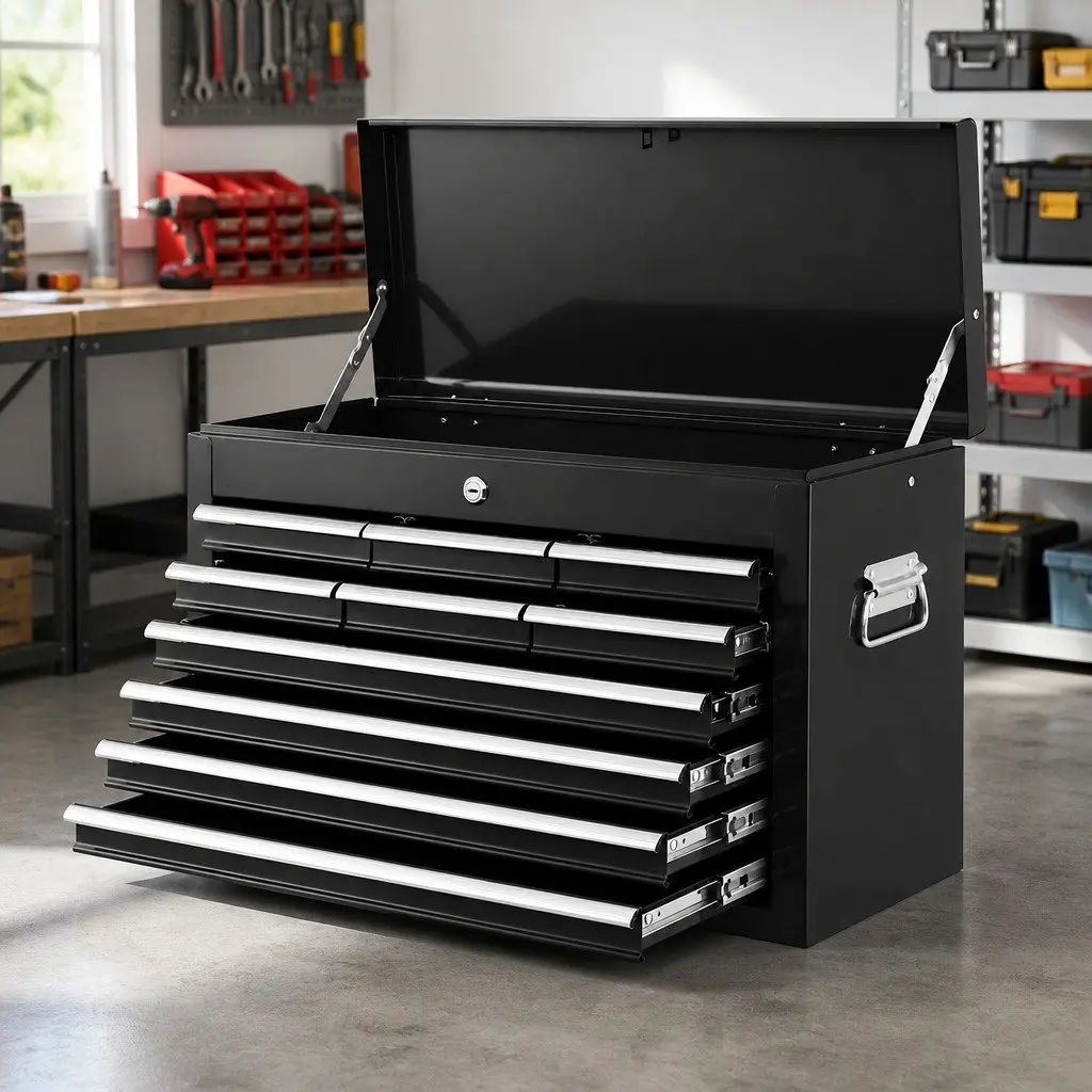 Tool Cabinet Black Steel 10 Drawer Lockable Storage Organiser with Ball-bearing Slides