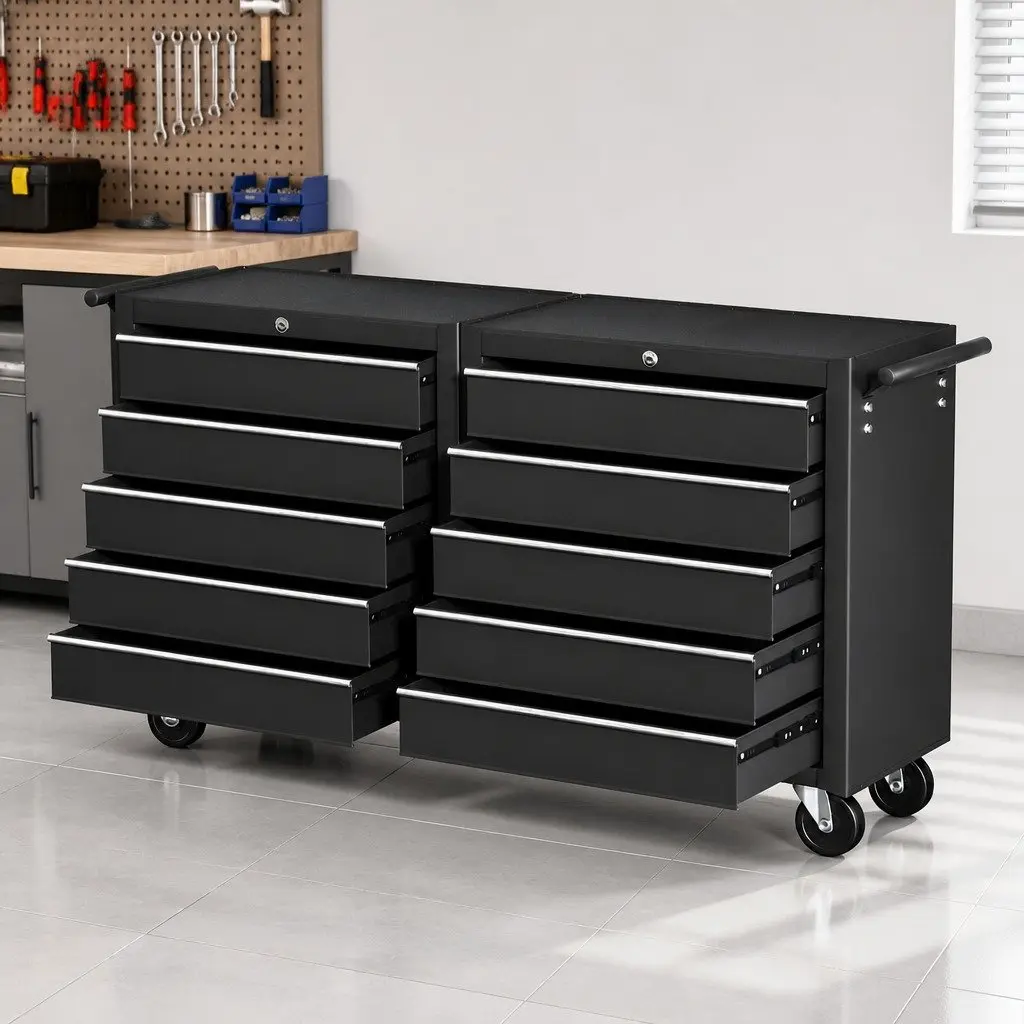 Tool Chest Trolley Black 10 Drawers Smooth Ball-Bearing Slides Mobile Storage Cabinet