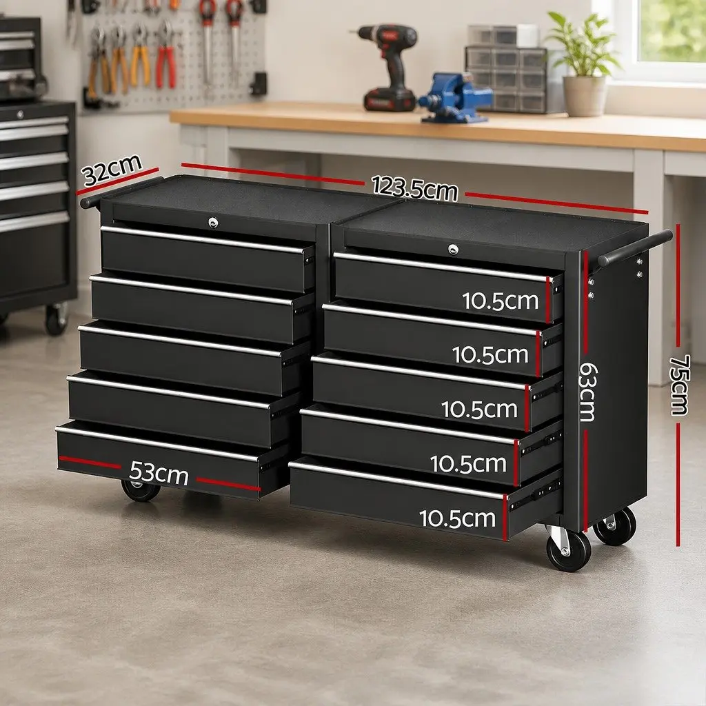 Tool Chest Trolley Black 10 Drawers Smooth Ball-Bearing Slides Mobile Storage Cabinet