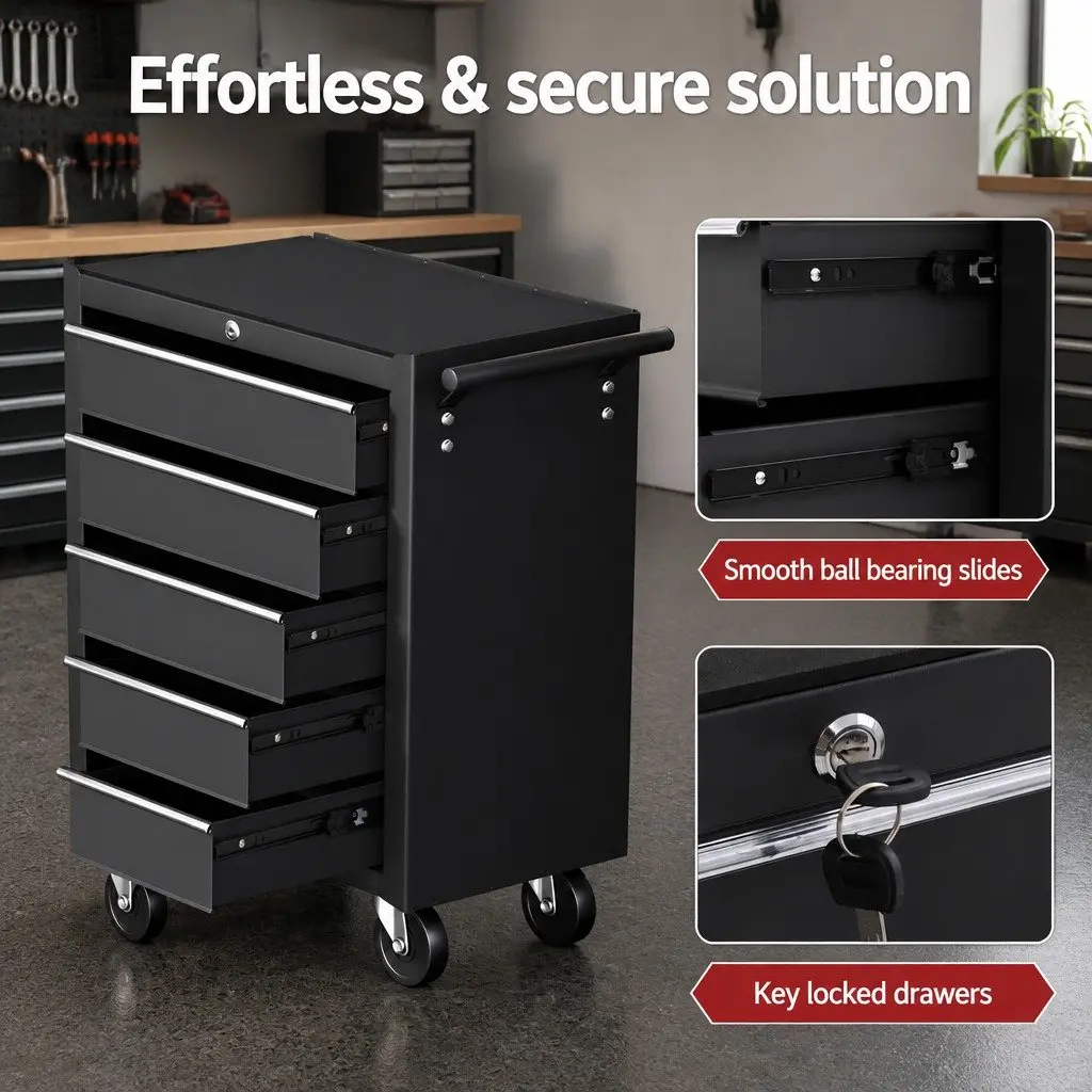 Tool Chest Trolley Black 10 Drawers Smooth Ball-Bearing Slides Mobile Storage Cabinet