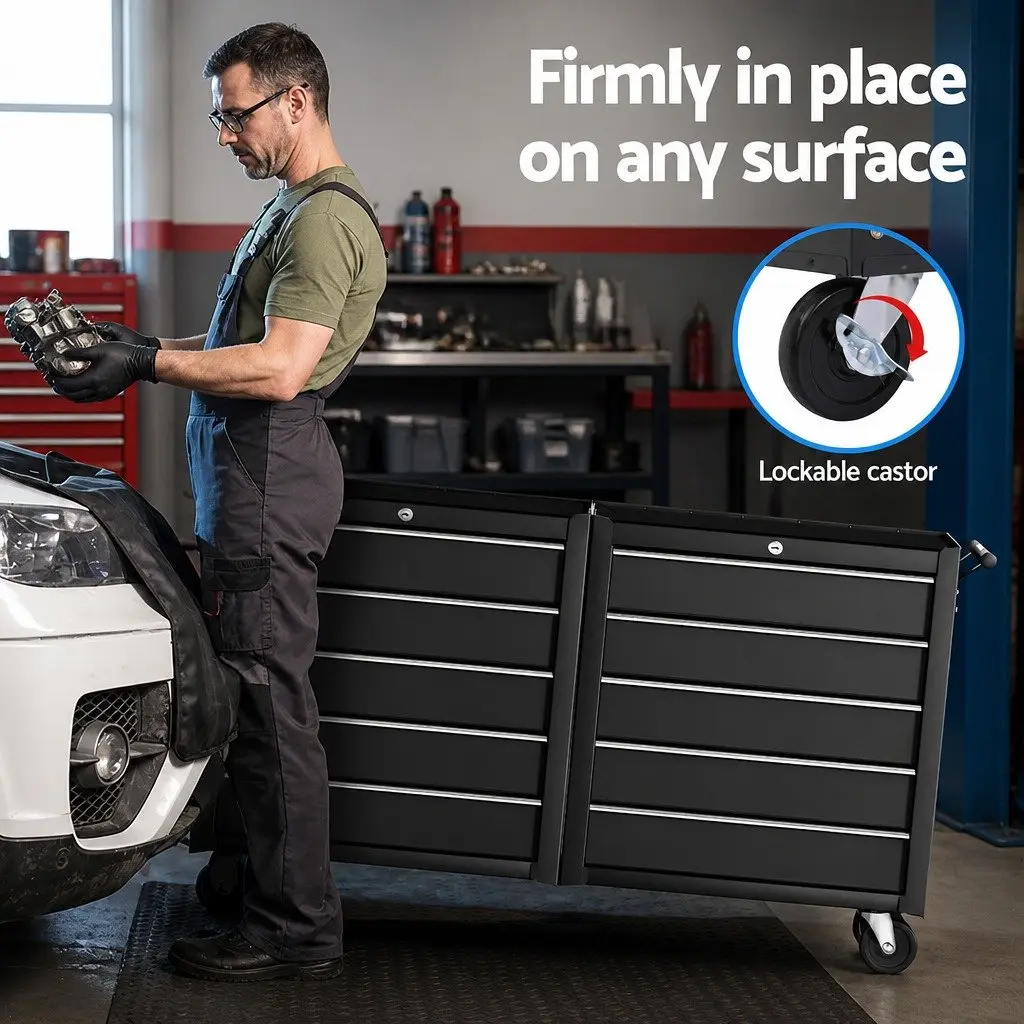 Tool Chest Trolley Black 10 Drawers Smooth Ball-Bearing Slides Mobile Storage Cabinet