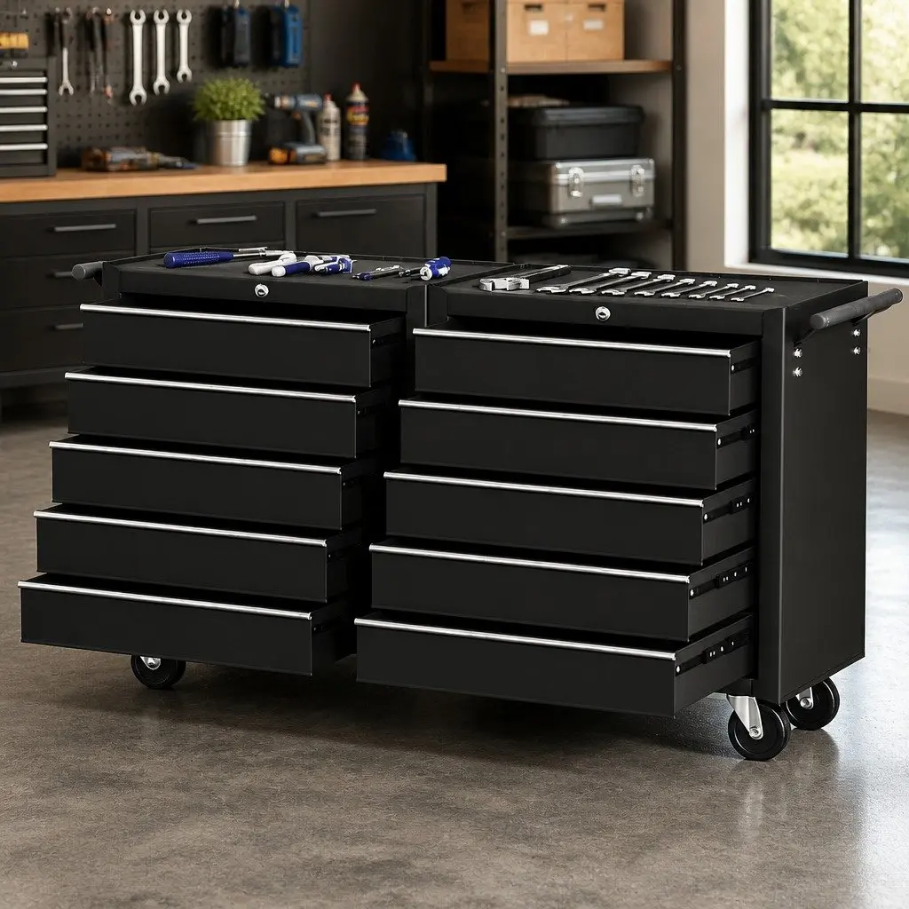 Tool Chest Trolley Black 10 Drawers Smooth Ball-Bearing Slides Mobile Storage Cabinet