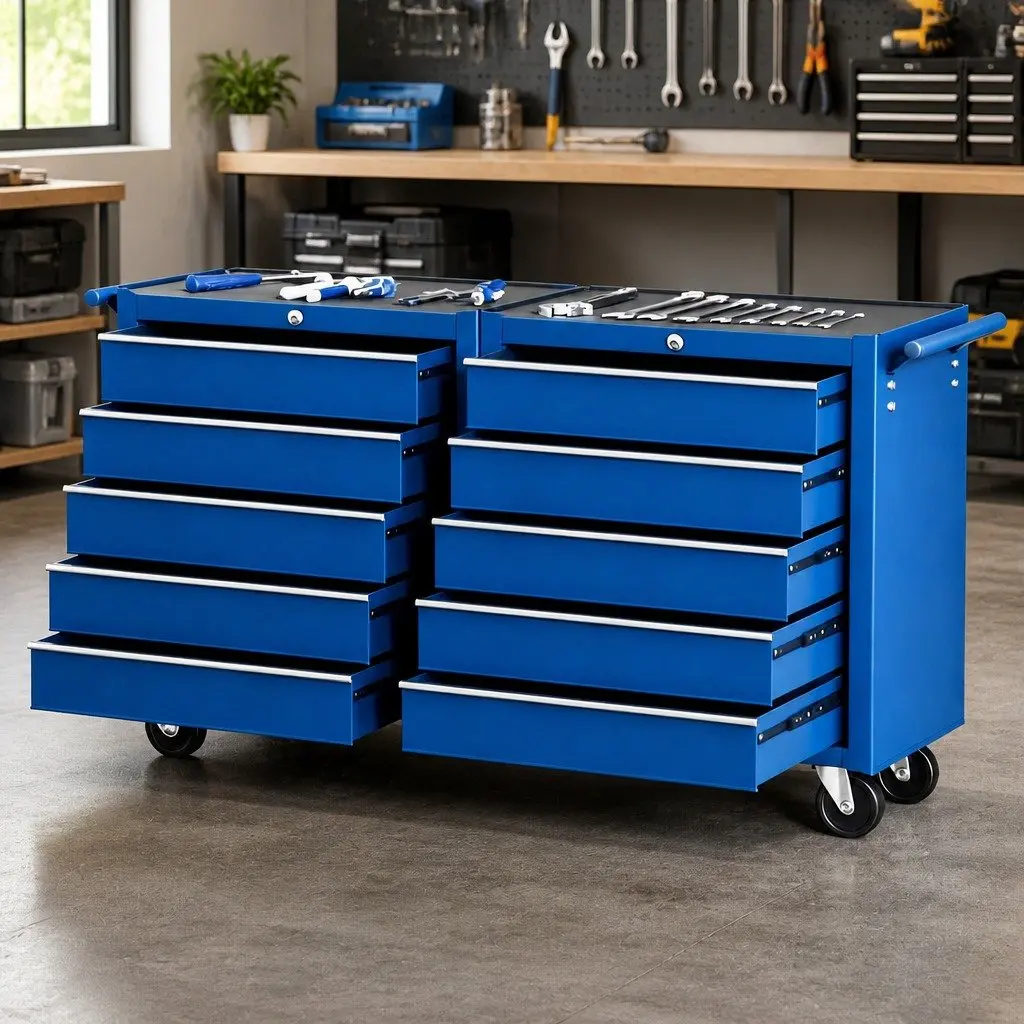 Tool Chest Trolley Blue 10 Drawers Heavy-Duty Storage Cabinet with Ball Bearing Slides and Cam Lock