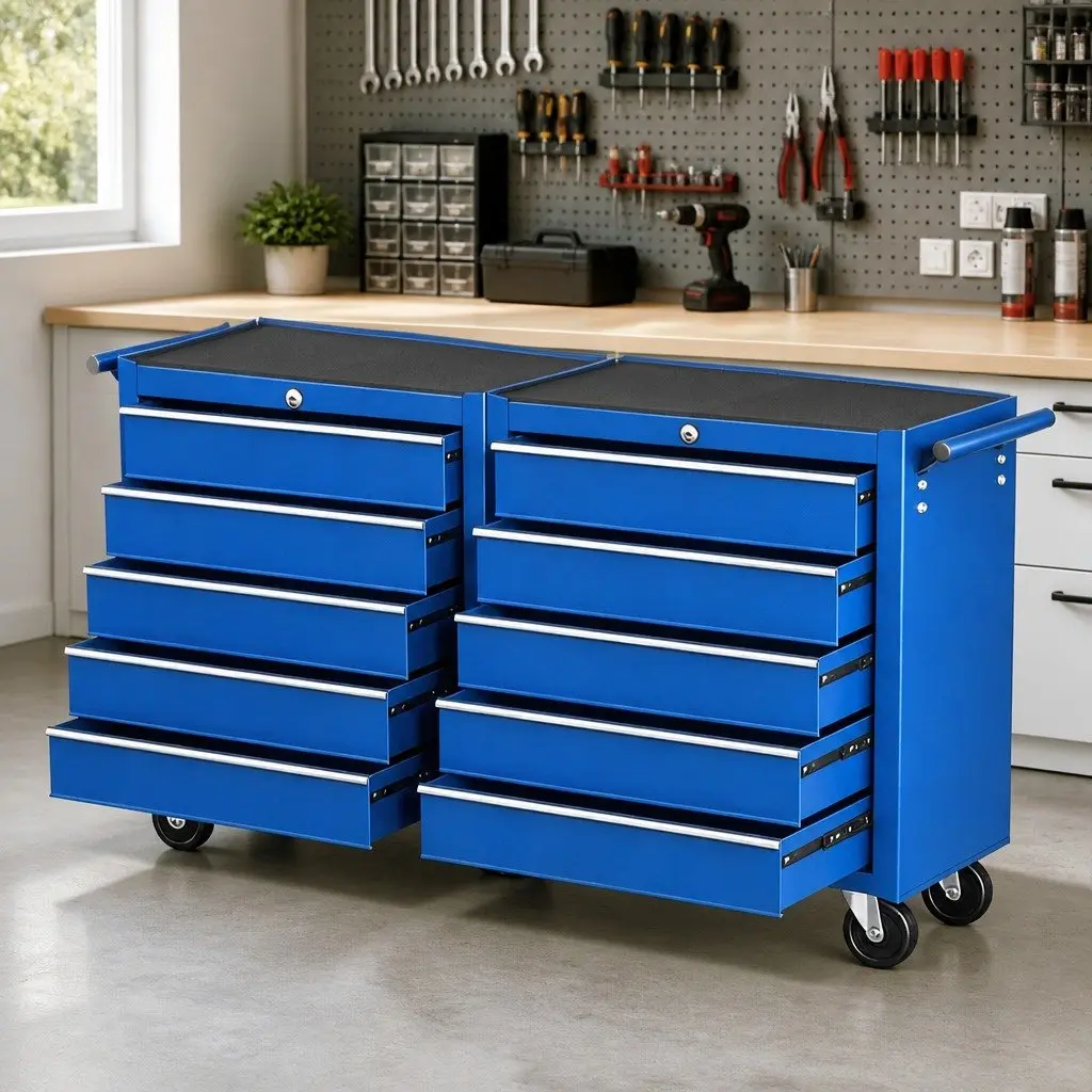 Tool Chest Trolley Blue 10 Drawers Heavy-Duty Storage Cabinet with Ball Bearing Slides and Cam Lock