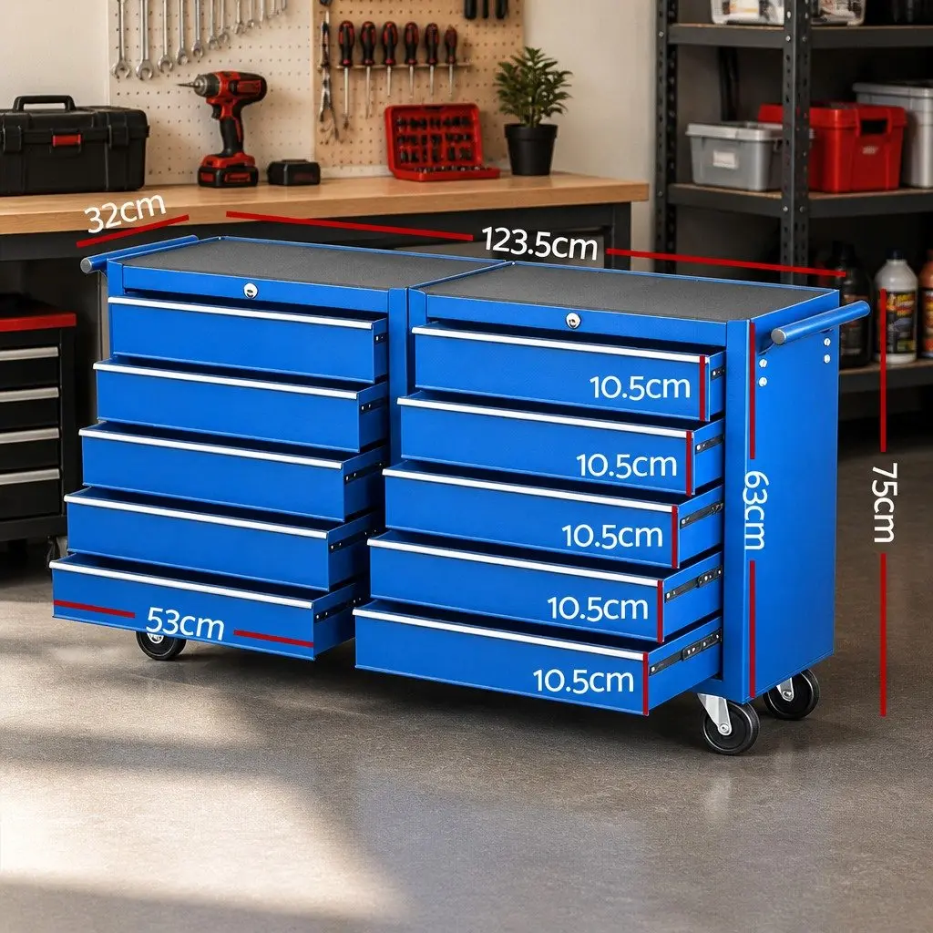 Tool Chest Trolley Blue 10 Drawers Heavy-Duty Storage Cabinet with Ball Bearing Slides and Cam Lock