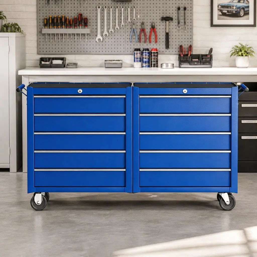 Tool Chest Trolley Blue 10 Drawers Heavy-Duty Storage Cabinet with Ball Bearing Slides and Cam Lock