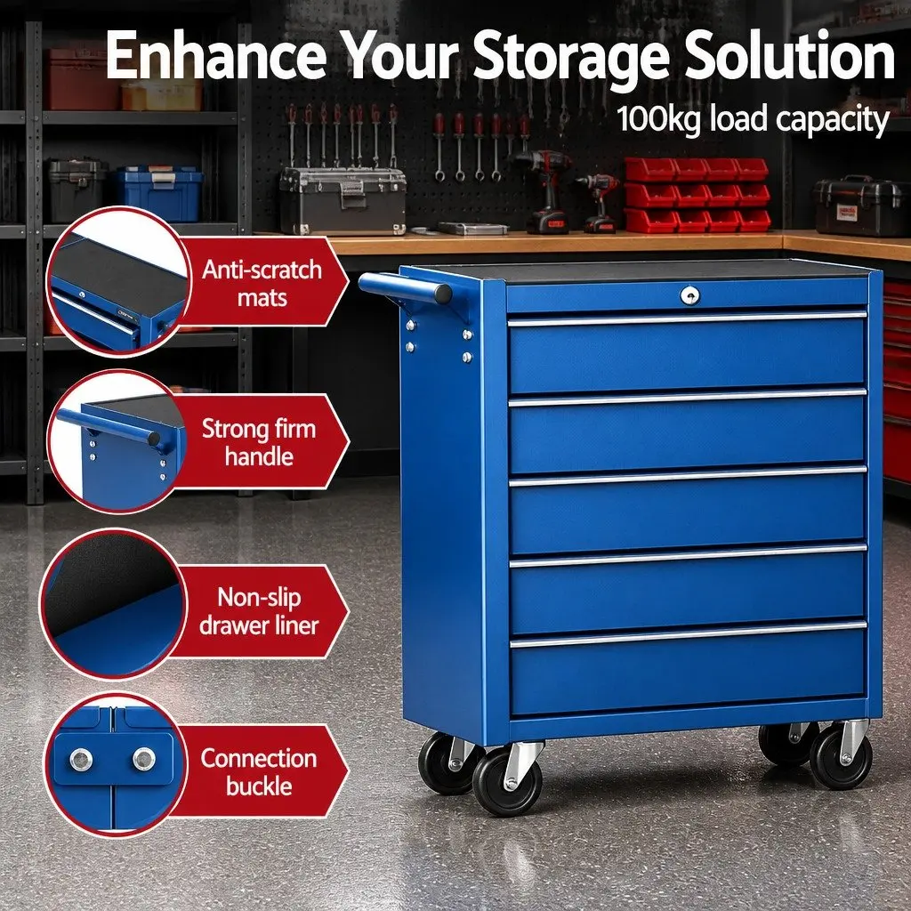 Tool Chest Trolley Blue 10 Drawers Heavy-Duty Storage Cabinet with Ball Bearing Slides and Cam Lock