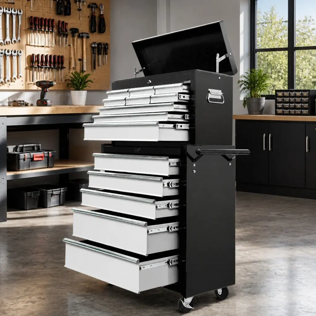 Tool Cabinet Black Grey 14 Drawer Mobile Trolley with Wheels for Garage Workshop