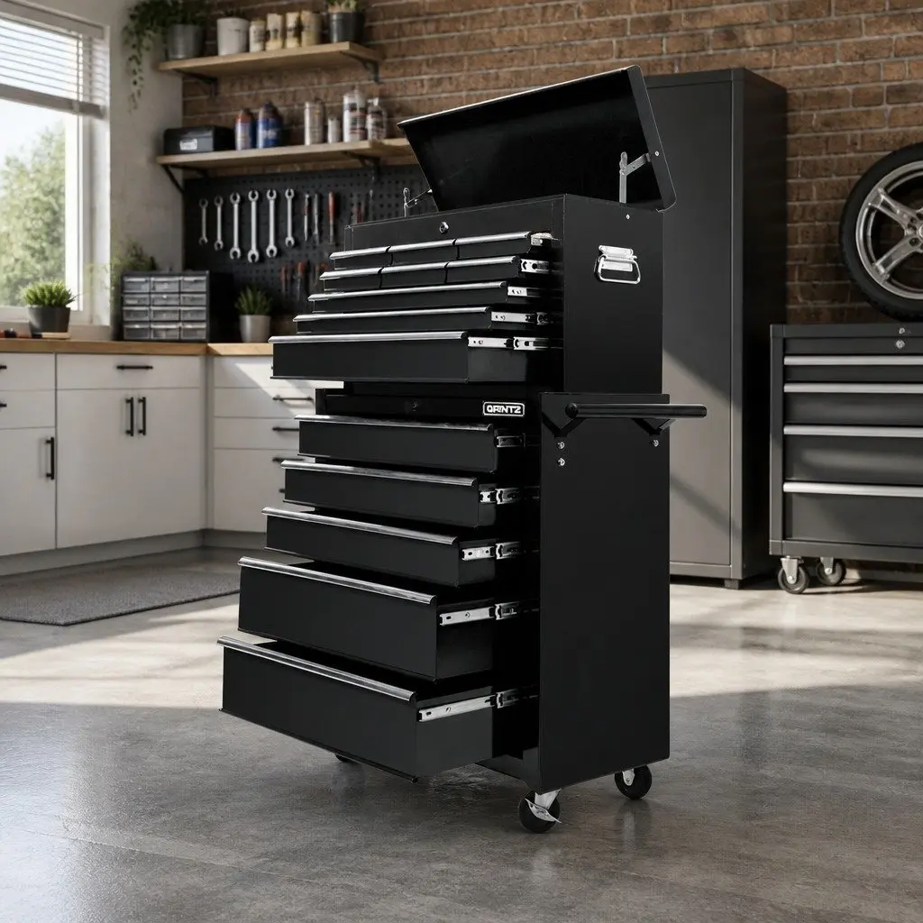 Tool Cabinet Black 14 Drawer Mobile Trolley Detachable Chest Powder-Coated Steel