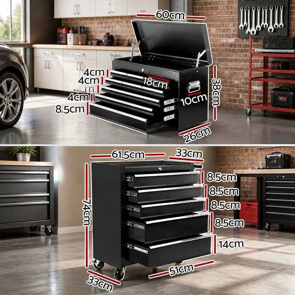 Tool Cabinet Black 14 Drawer Mobile Trolley Detachable Chest Powder-Coated Steel