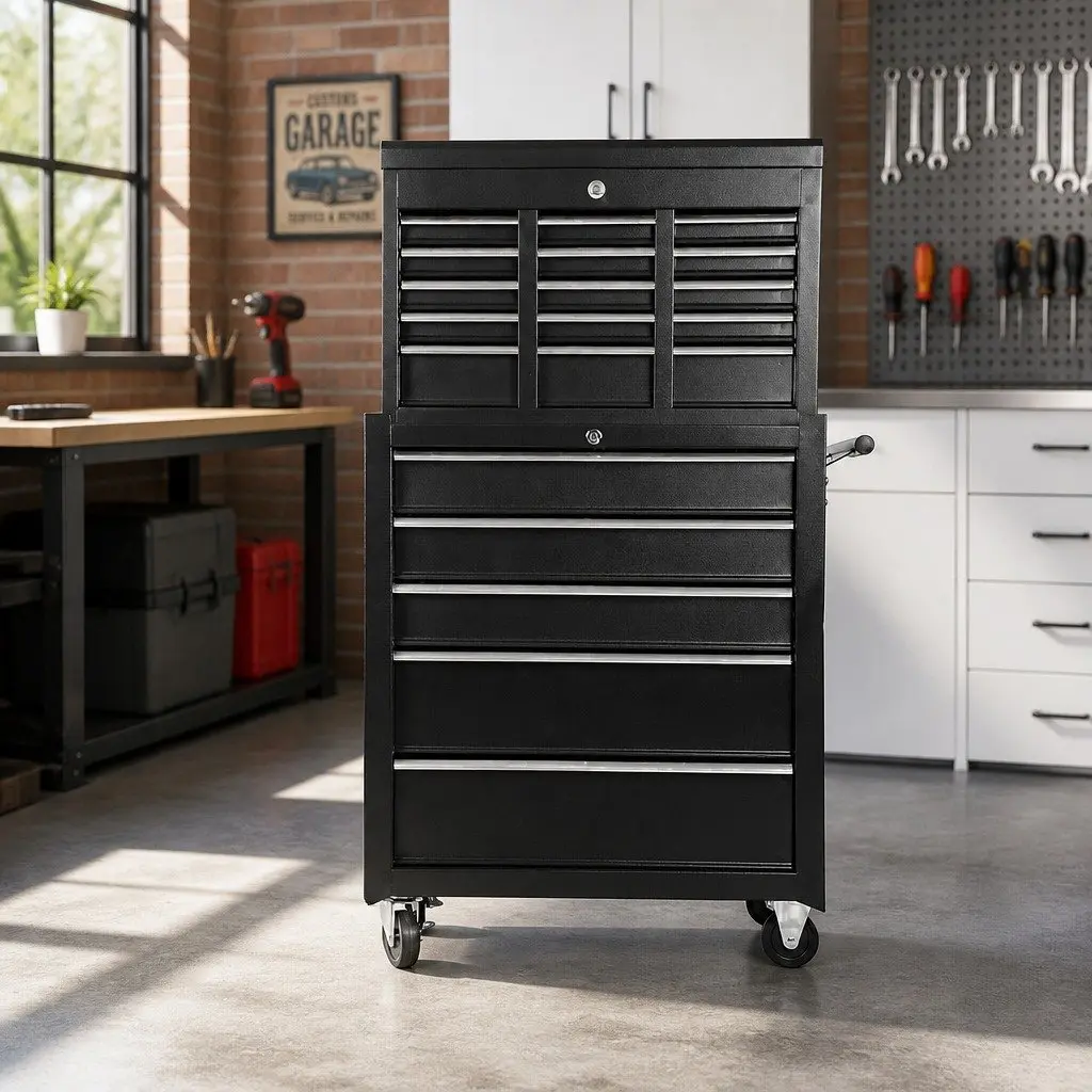 Tool Cabinet Black 14 Drawer Mobile Trolley Detachable Chest Powder-Coated Steel