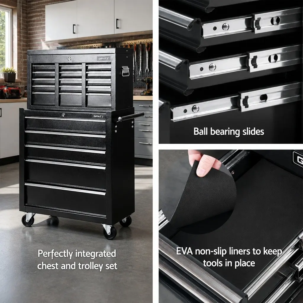 Tool Cabinet Black 14 Drawer Mobile Trolley Detachable Chest Powder-Coated Steel