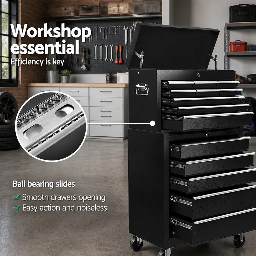 Tool Cabinet Black 14 Drawer Mobile Trolley Detachable Chest Powder-Coated Steel