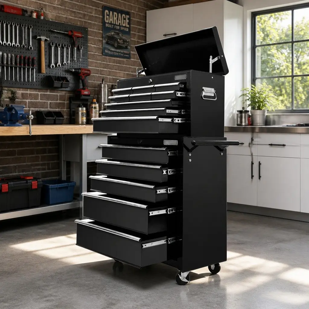 Tool Cabinet Black 14 Drawer Mobile Trolley Detachable Chest Powder-Coated Steel