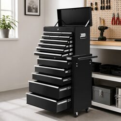 15 Drawer Tool Chest Trolley 2-in-1 Storage Toolbox Organiser Workshop Black