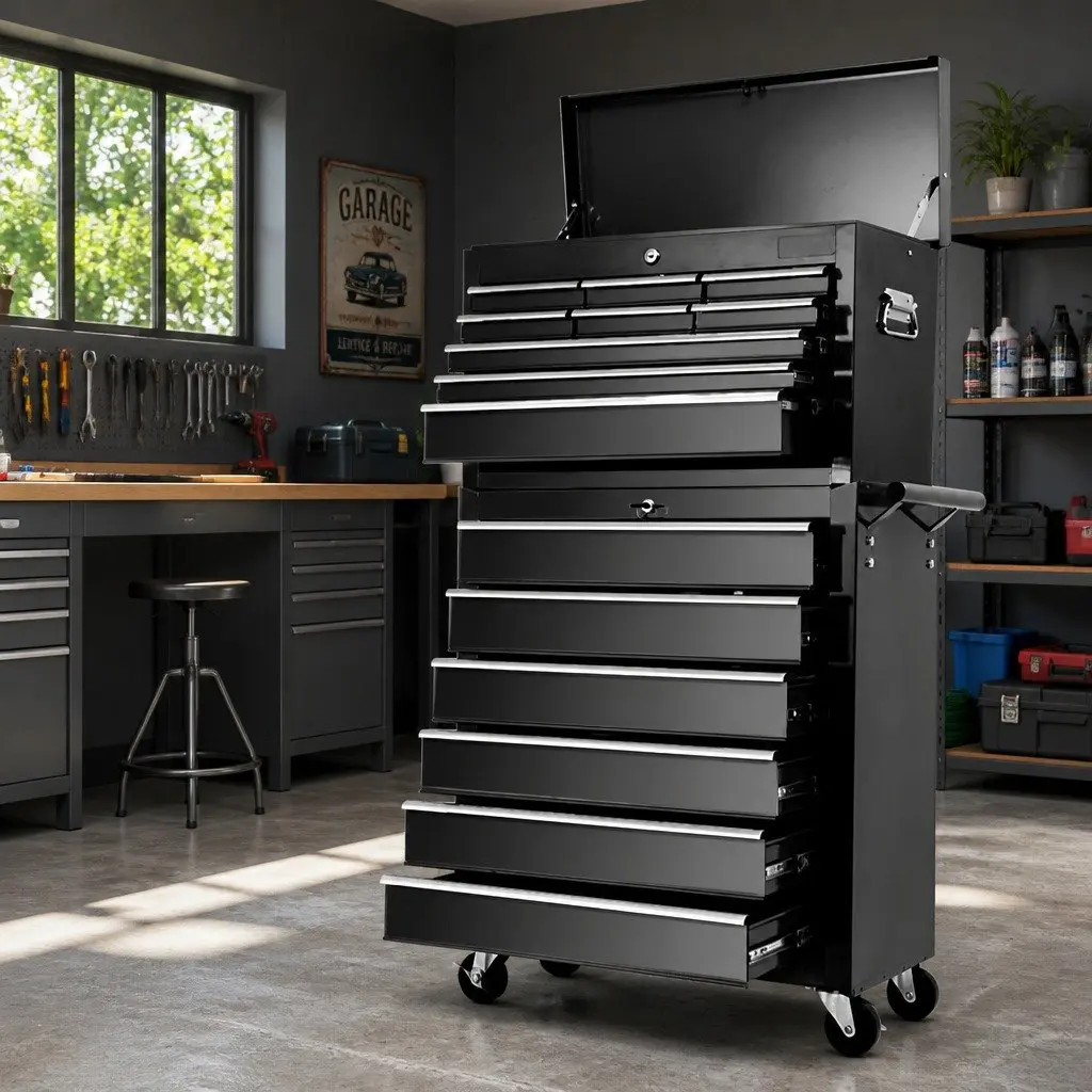 Tool Cabinet Black 15 Drawer Lockable Mobile Trolley with Non-Slip Liners and 360-Degree Castor Wheels for Garage Storage