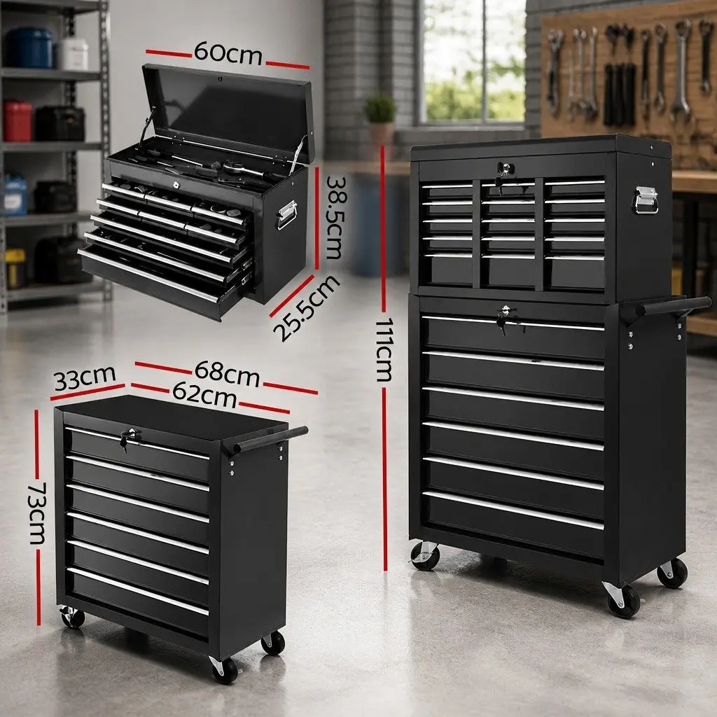 Tool Cabinet Black 15 Drawer Lockable Mobile Trolley with Non-Slip Liners and 360-Degree Castor Wheels for Garage Storage