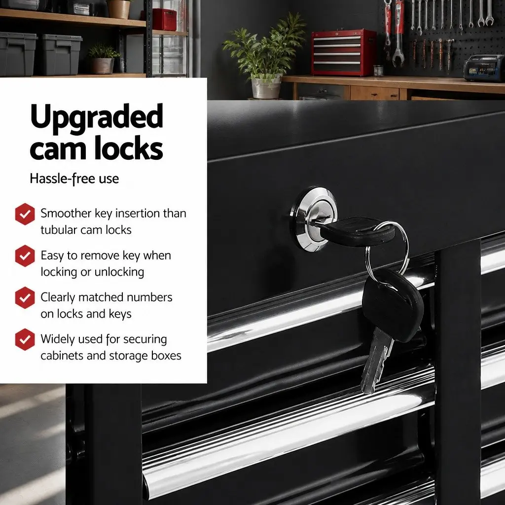Tool Cabinet Black 15 Drawer Lockable Mobile Trolley with Non-Slip Liners and 360-Degree Castor Wheels for Garage Storage