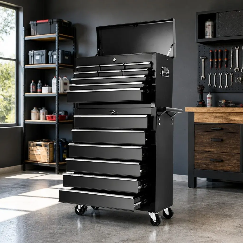 Tool Cabinet Black 15 Drawer Lockable Mobile Trolley with Non-Slip Liners and 360-Degree Castor Wheels for Garage Storage