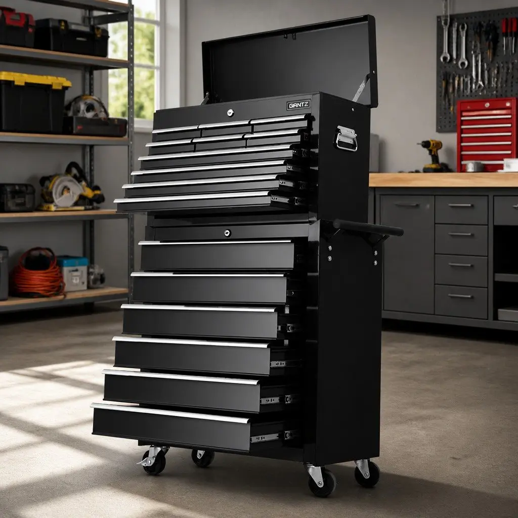 Tool Cabinet Black 16 Drawer Garage Storage Organizer with Castors