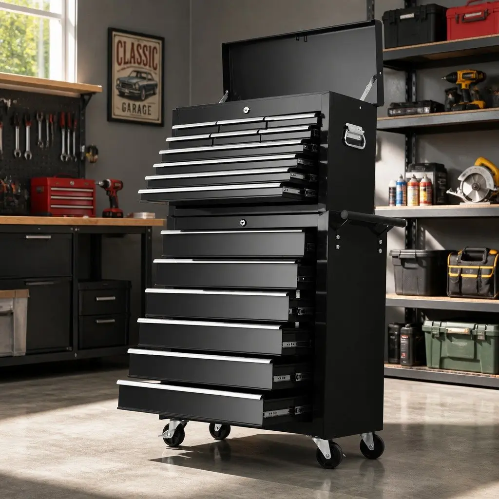 Tool Cabinet Black 16 Drawer Garage Storage Organizer with Castors