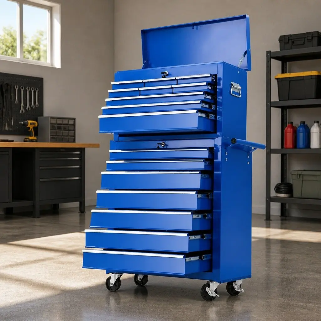 Tool Cabinet Blue Steel 16 Drawers Mobile Trolley with Double Door and Smooth Ball Bearing Runners