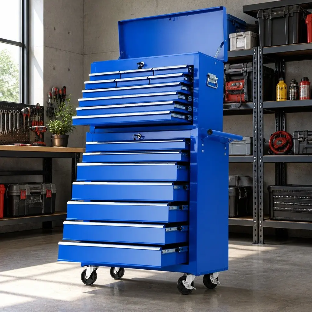 17 Drawer Tool Box Cabinet Trolley Chest Garage Storage Blue Steel with Castors