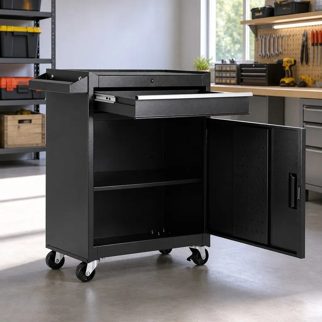 Tool Box Black Rolling Tool Chest Trolley Cabinet Heavy-Duty Steel with Drawer and Adjustable Shelf