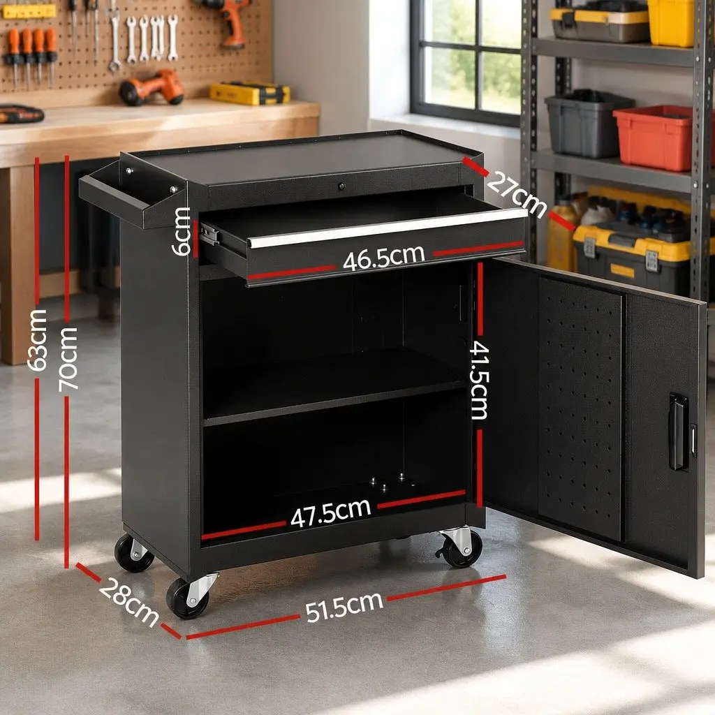 Tool Box Black Rolling Tool Chest Trolley Cabinet Heavy-Duty Steel with Drawer and Adjustable Shelf