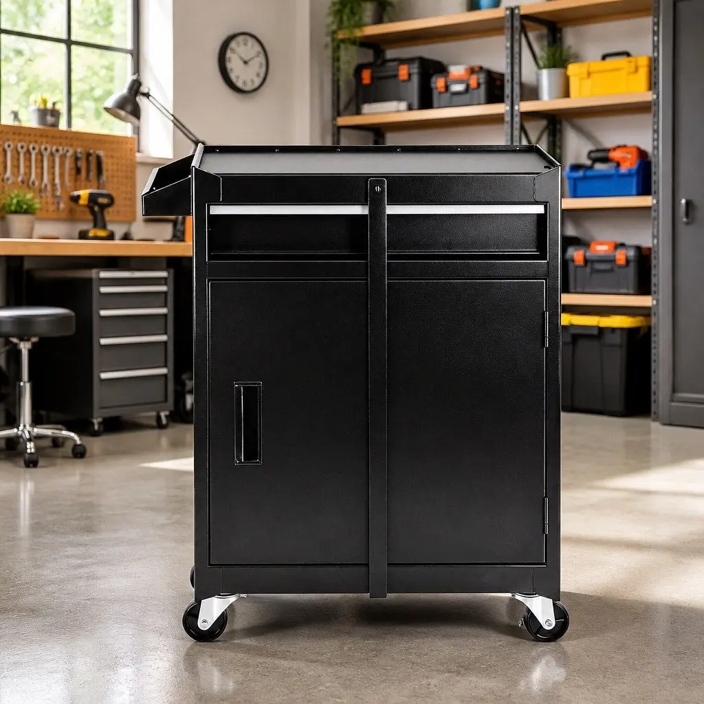 Tool Box Black Rolling Tool Chest Trolley Cabinet Heavy-Duty Steel with Drawer and Adjustable Shelf
