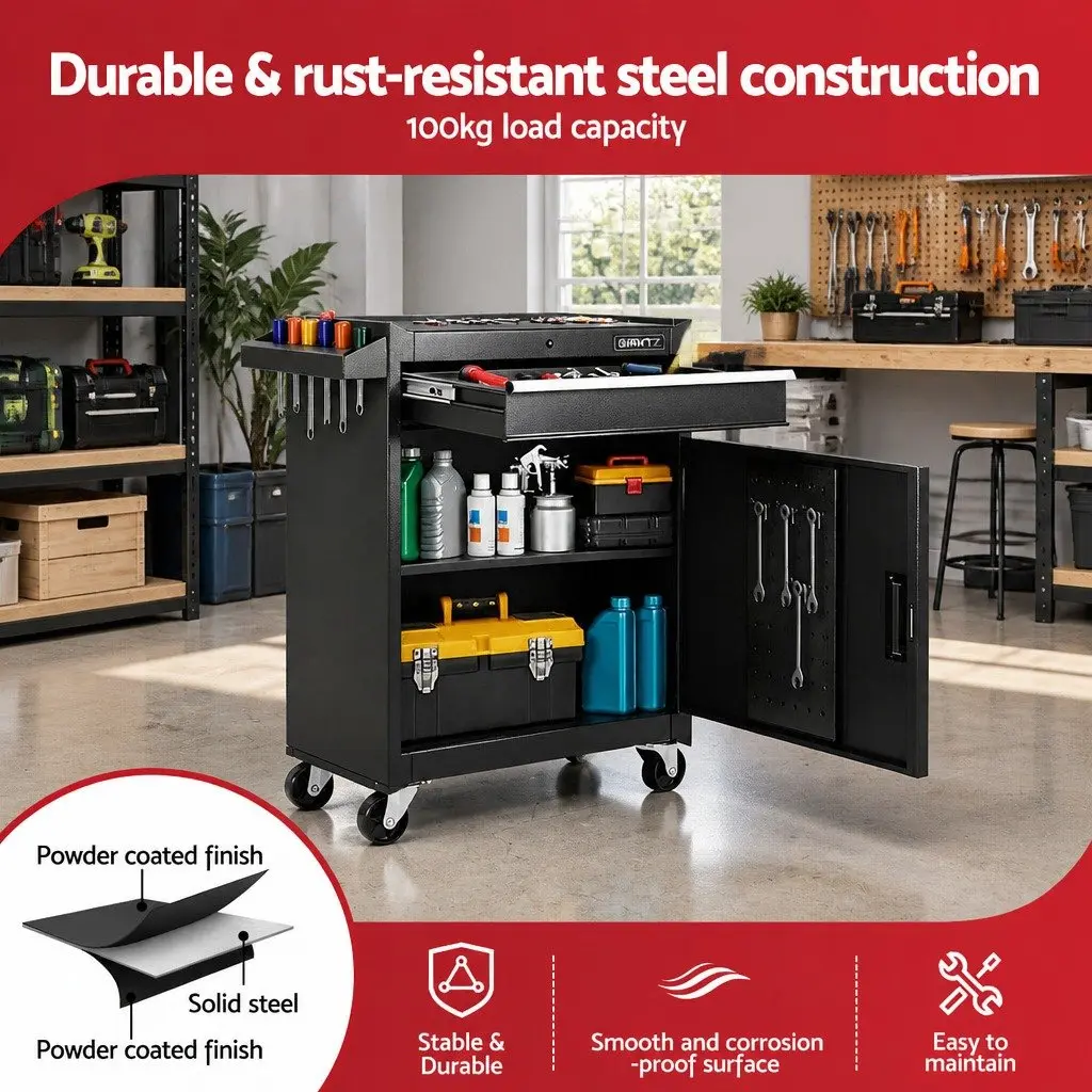 Tool Box Black Rolling Tool Chest Trolley Cabinet Heavy-Duty Steel with Drawer and Adjustable Shelf