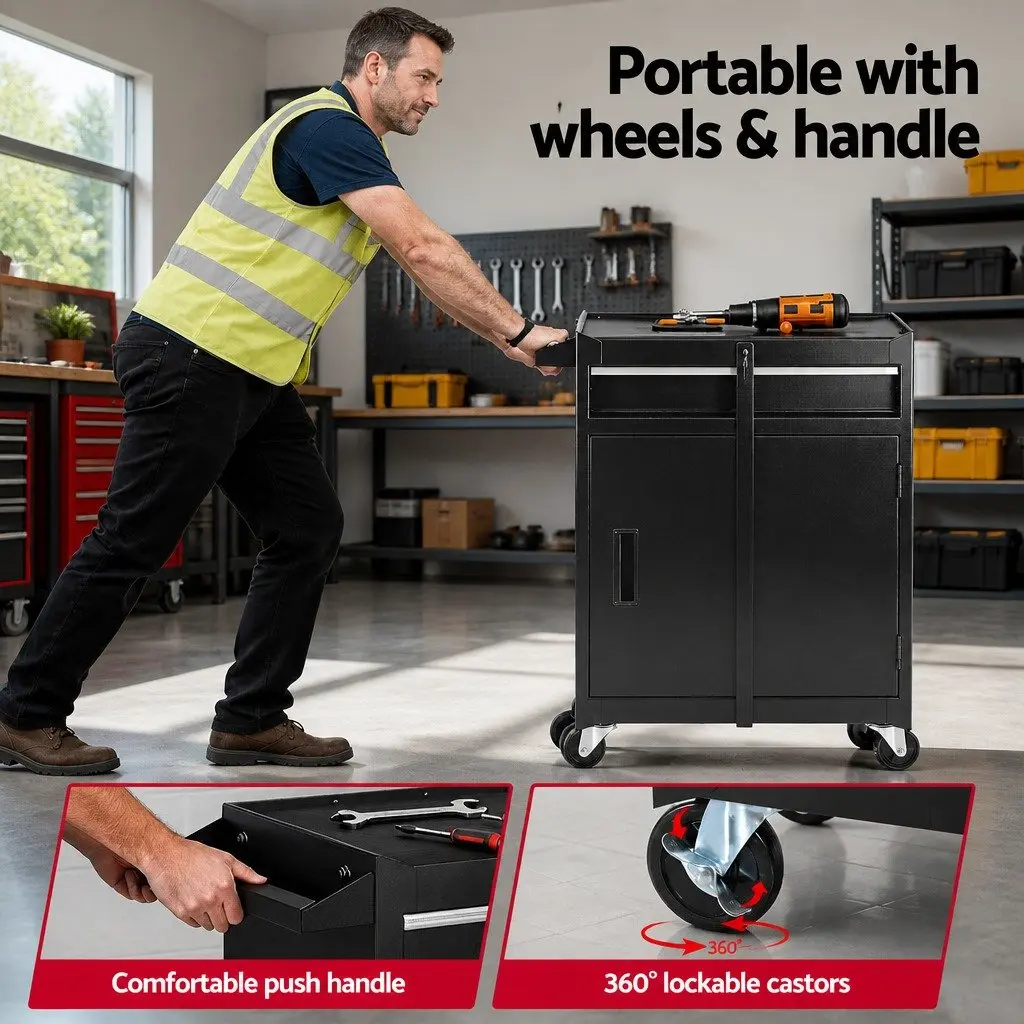 Tool Box Black Rolling Tool Chest Trolley Cabinet Heavy-Duty Steel with Drawer and Adjustable Shelf