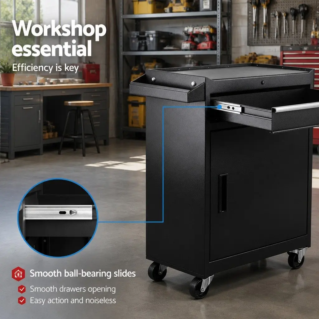 Tool Box Black Rolling Tool Chest Trolley Cabinet Heavy-Duty Steel with Drawer and Adjustable Shelf