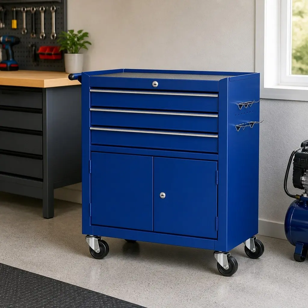 Tool Box Cabinet Chest Blue 3 Drawer Mobile with Locking System and Smooth Ball-Bearing Slides