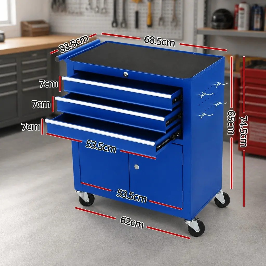 Tool Box Cabinet Chest Blue 3 Drawer Mobile with Locking System and Smooth Ball-Bearing Slides