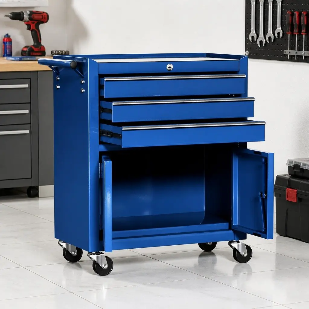 Tool Box Cabinet Chest Blue 3 Drawer Mobile with Locking System and Smooth Ball-Bearing Slides